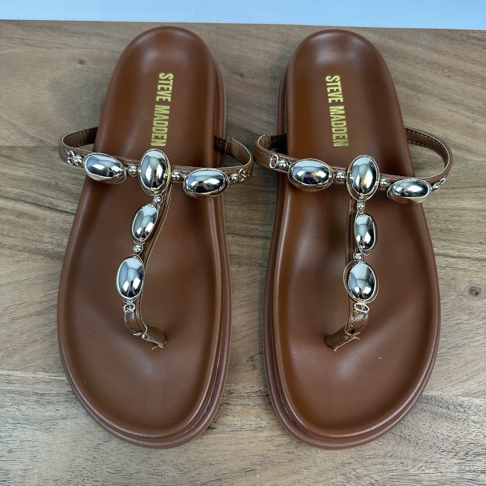 New NWOB Womens Steve Madden Zaire T-Strap Slip On Brown Thong Sandals Size 8 M